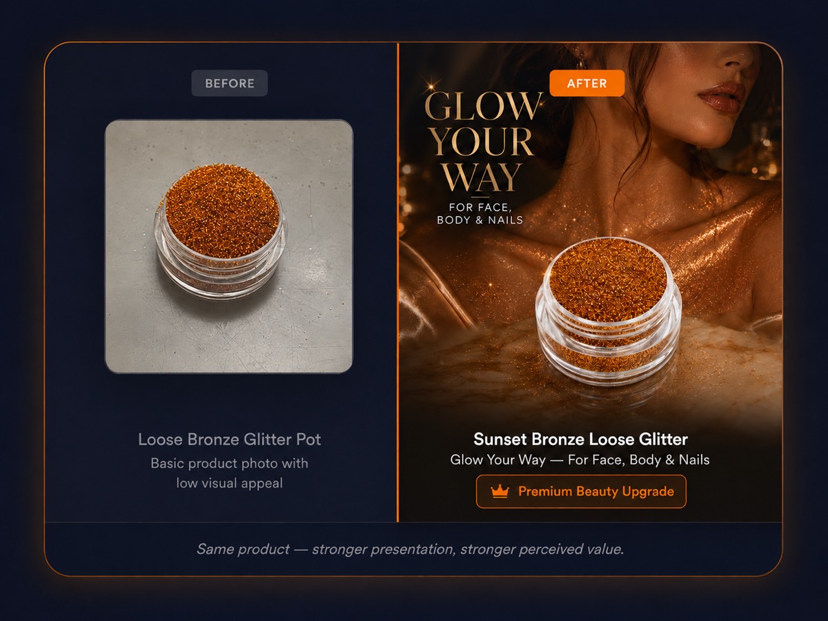 Beauty glitter pot listing before and after — a flat grey phone photo on the left, a premium branded main image with lifestyle backdrop on the right