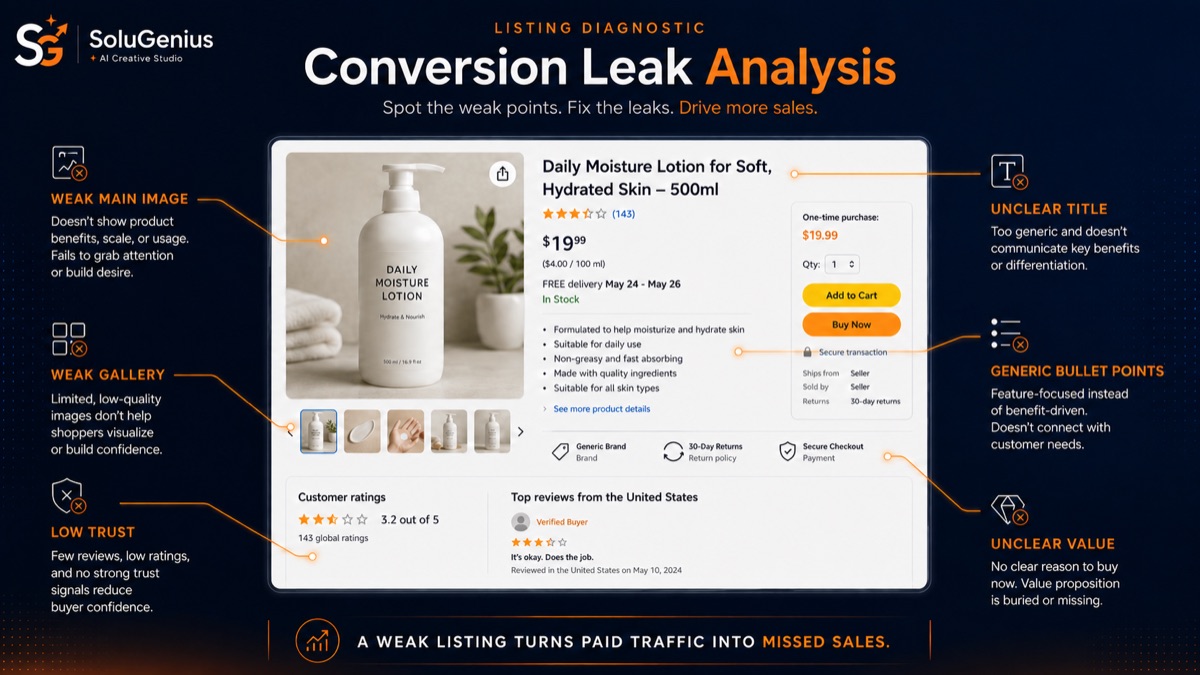 Annotated Amazon listing diagnostic marking five conversion leaks — weak main image, unclear title, generic bullet points, weak gallery and low trust signals