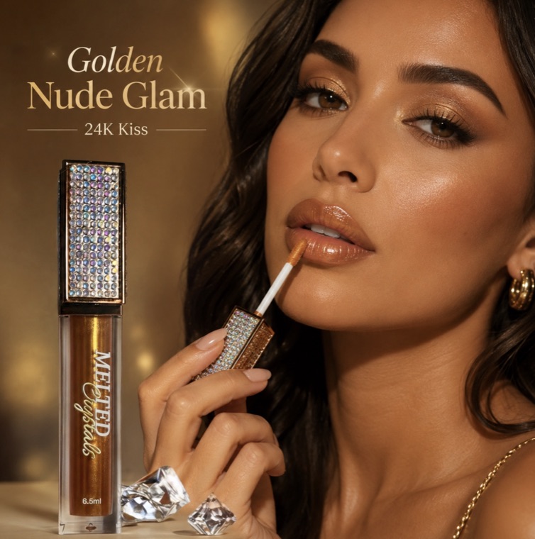 Amazon listing image for 24K Kiss lip gloss — Golden Nude Glam headline with model applying the gloss