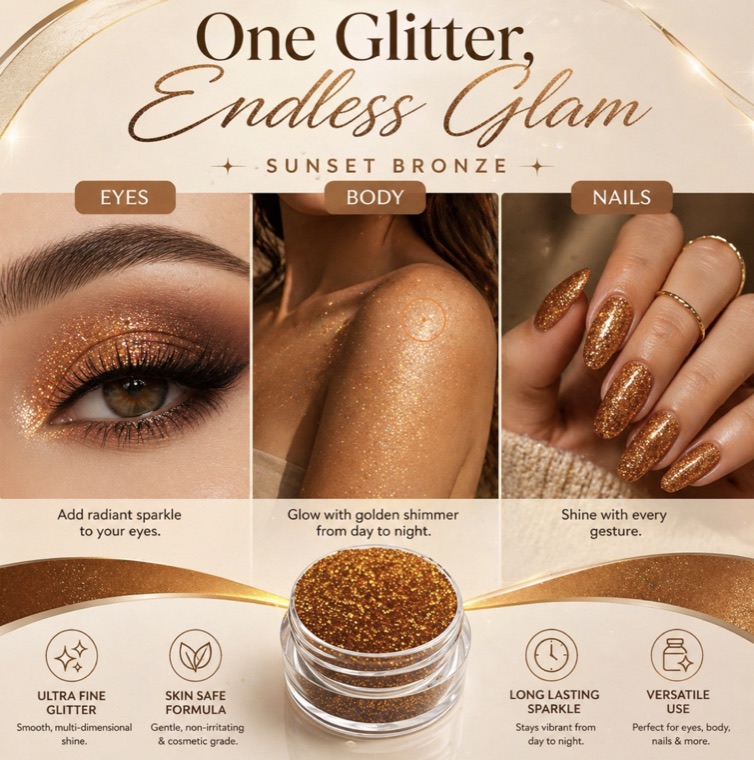 Amazon listing image for Sunset Bronze glitter — One Glitter, Endless Glam headline with eyes, body and nails use-case panels and four benefit icons