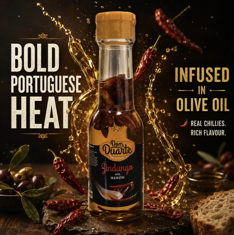 Amazon listing image for a Portuguese chilli oil — Bold Portuguese Heat headline, oil splash, dried chillies and Infused in Olive Oil callout