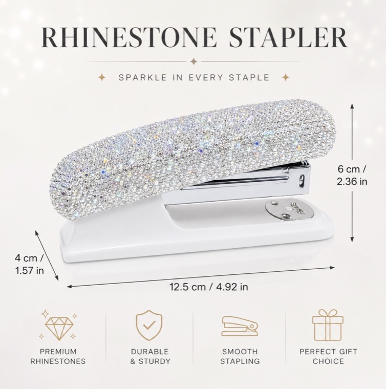 Amazon listing image for a rhinestone stapler — Sparkle in Every Staple headline with product dimensions and four benefit icons