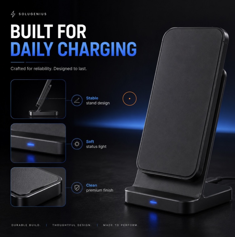 Amazon listing image for a wireless charger stand — Built for Daily Charging headline with stable stand, status light and premium finish callouts