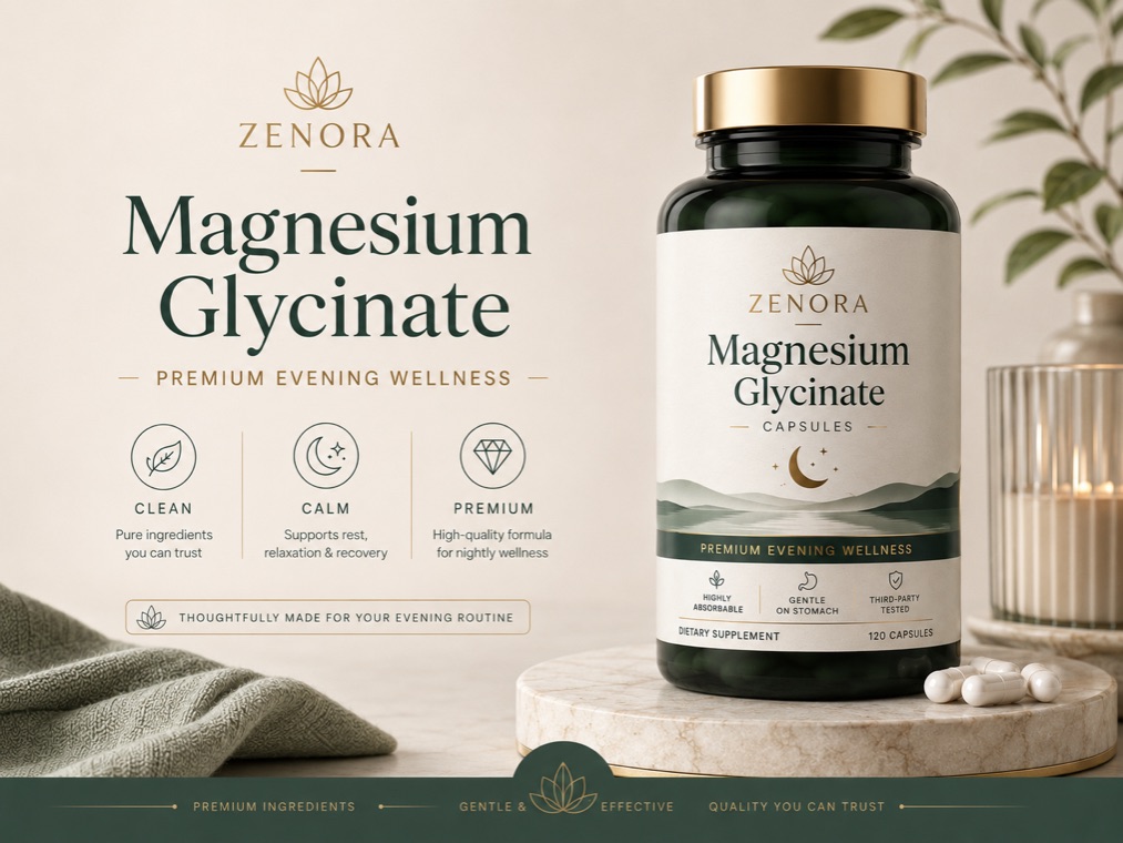 Amazon listing image for magnesium glycinate capsules with clean, calm and premium benefit callouts